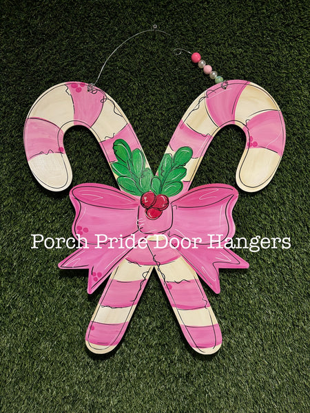 Pink Candy Cane Bow  Christmas Door Hanger