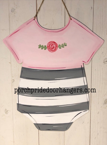 Baby Onesie in Pink with Grey Stripes Door Hanger