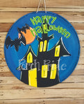 Happy Halloween House with Bats Round Door Hanger