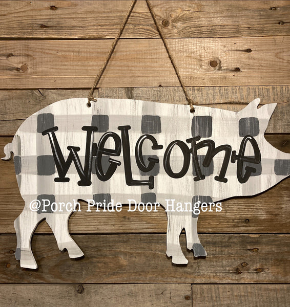 Pig with Grey Plaid Door Hanger