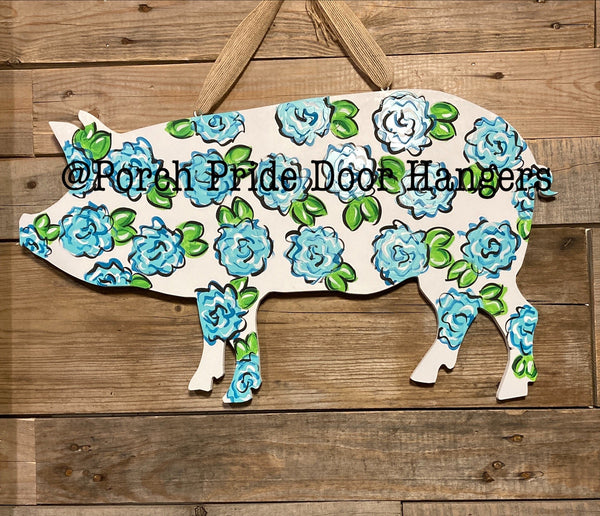 Pig with Blue Flowers Door Hanger