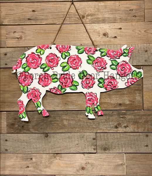 Pig with Pink Flowers Door Hanger