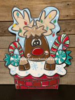 Rudolph in Chimney Christmas Door Hanger